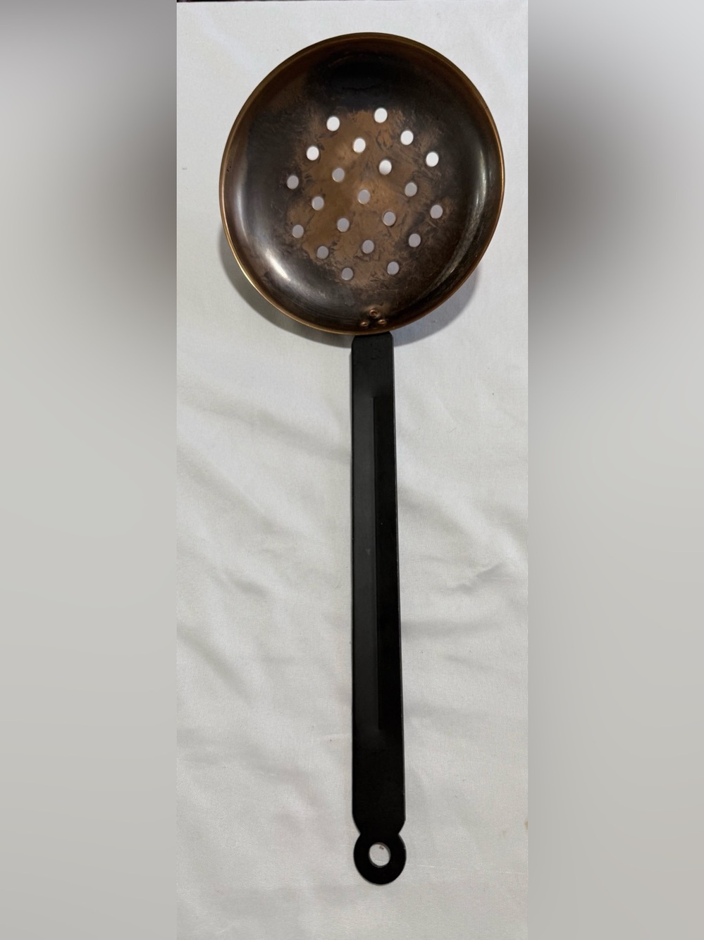 Copper Skimmer Spoon with Black Handle - 16 1/2” Long . Home Dining